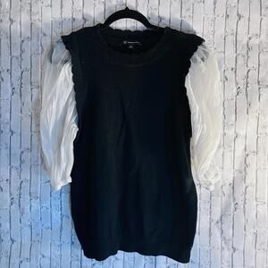INC Navy Blue Academic Sweater Vest with White Sheer Puff Sleeves